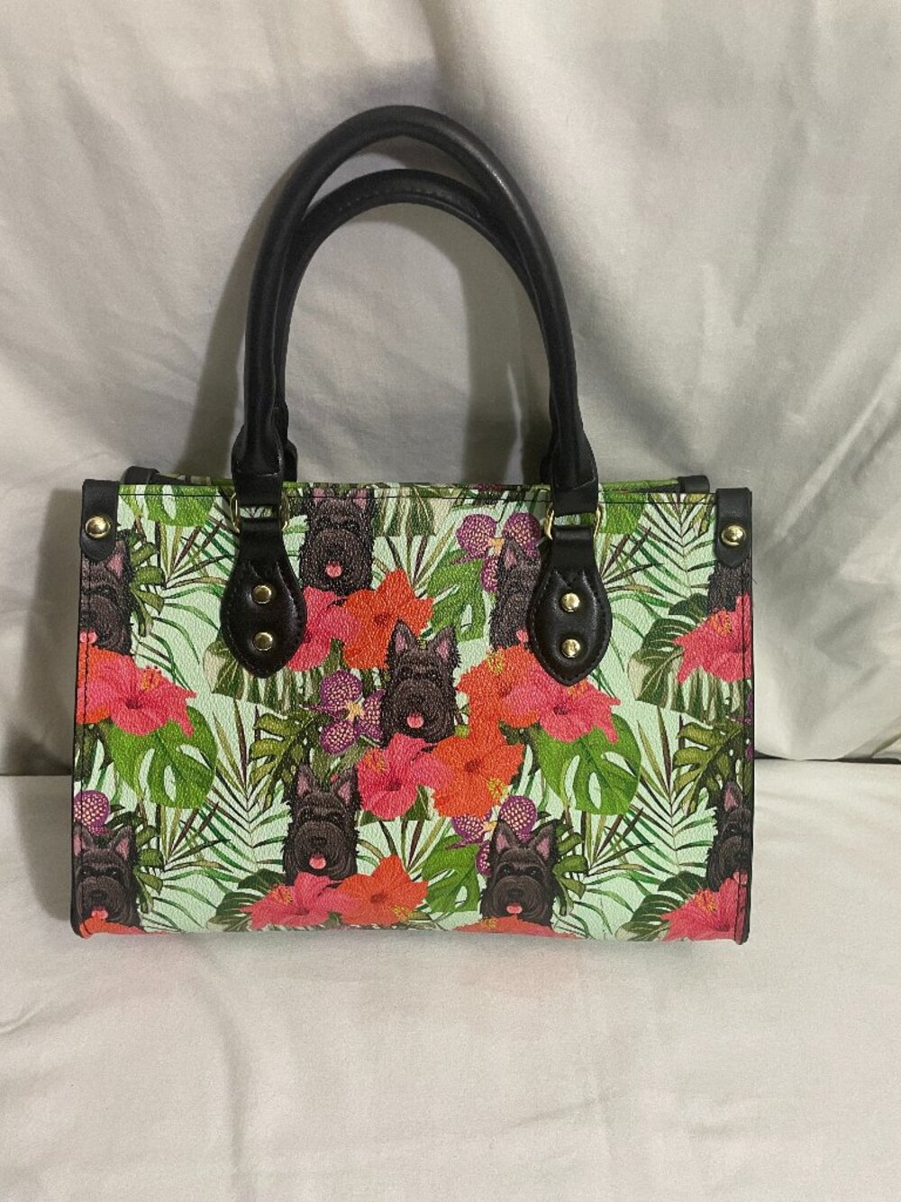Scottie Dog Tropical Floral Print Satchel Handbag Black Faux Leather Purse Tote